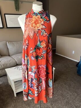 Maeve Orange Multicolor Floral Sleeveless Mock Neck Midi Dress